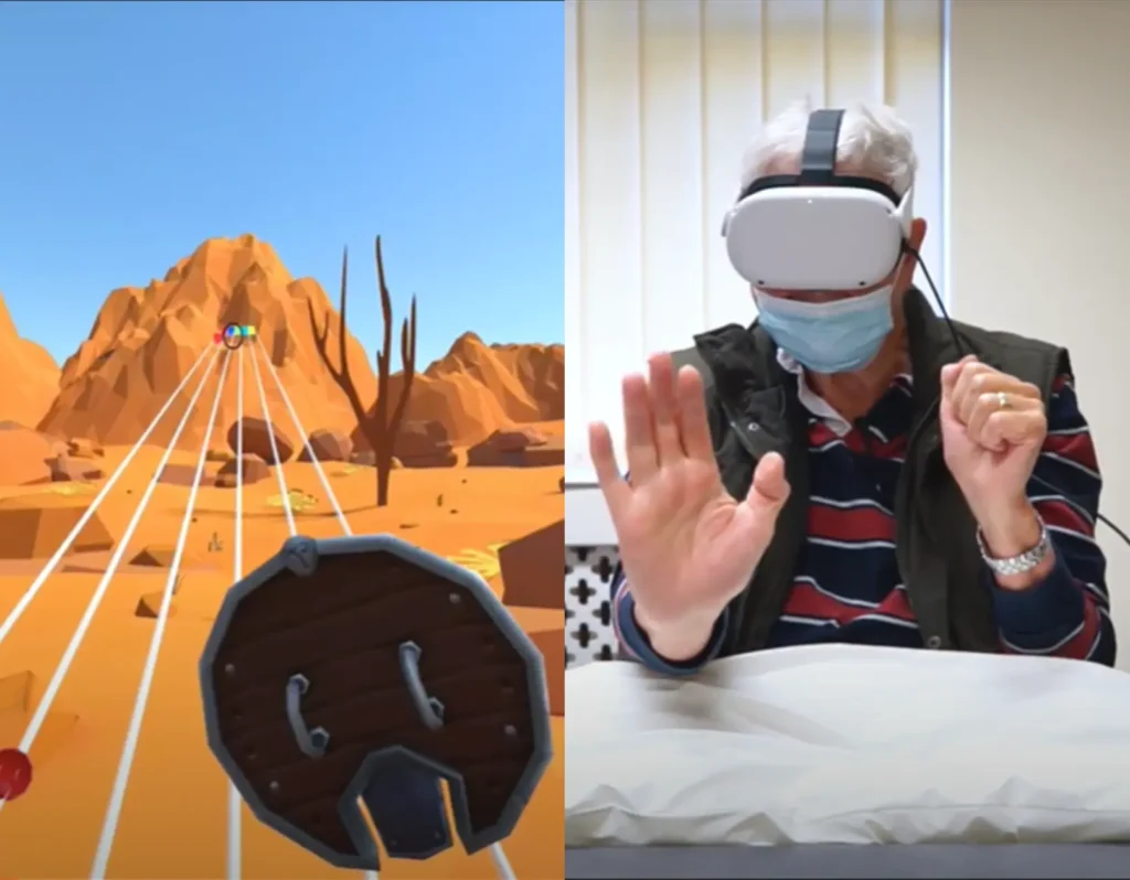 Half the image showing patient using the virtual reality headset, NeuroVirt and the left handside showing what the patient sees within the headset, which is a virtual desert reality with 5 strings going to the horizon and notes coming towards him with a paddle to hit the notes.